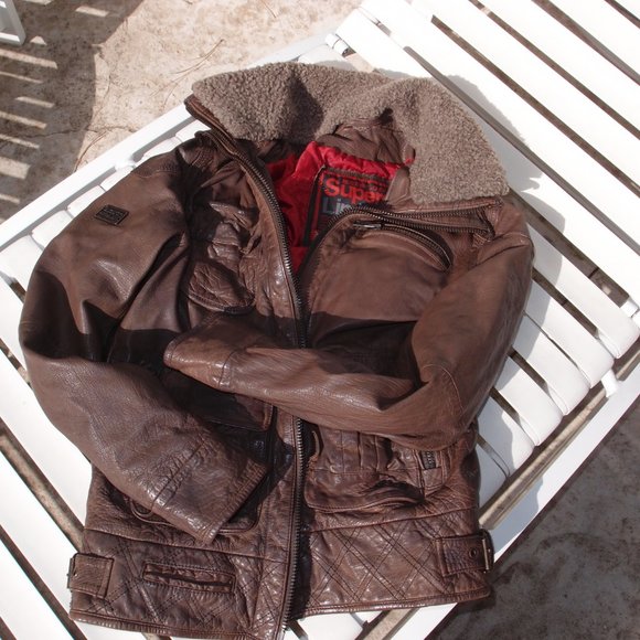 SUPERDRY VINTAGE TARPIT LEATHER MOTO JACKET WITH FAUX FUR COLLAR-SMALL - Picture 8 of 9